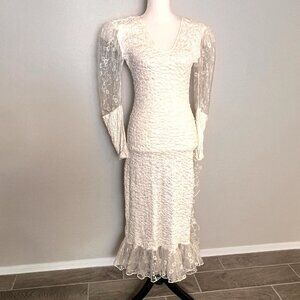 Vtg 80s Ivory Stretch Lace Mermaid Wedding Dress Bead Open Back Ruffle Train S/M